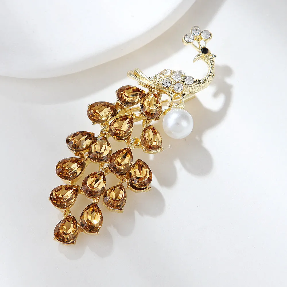 Crystal Rhinestone Faux Pearl Peacock Brooch Pin PA5399