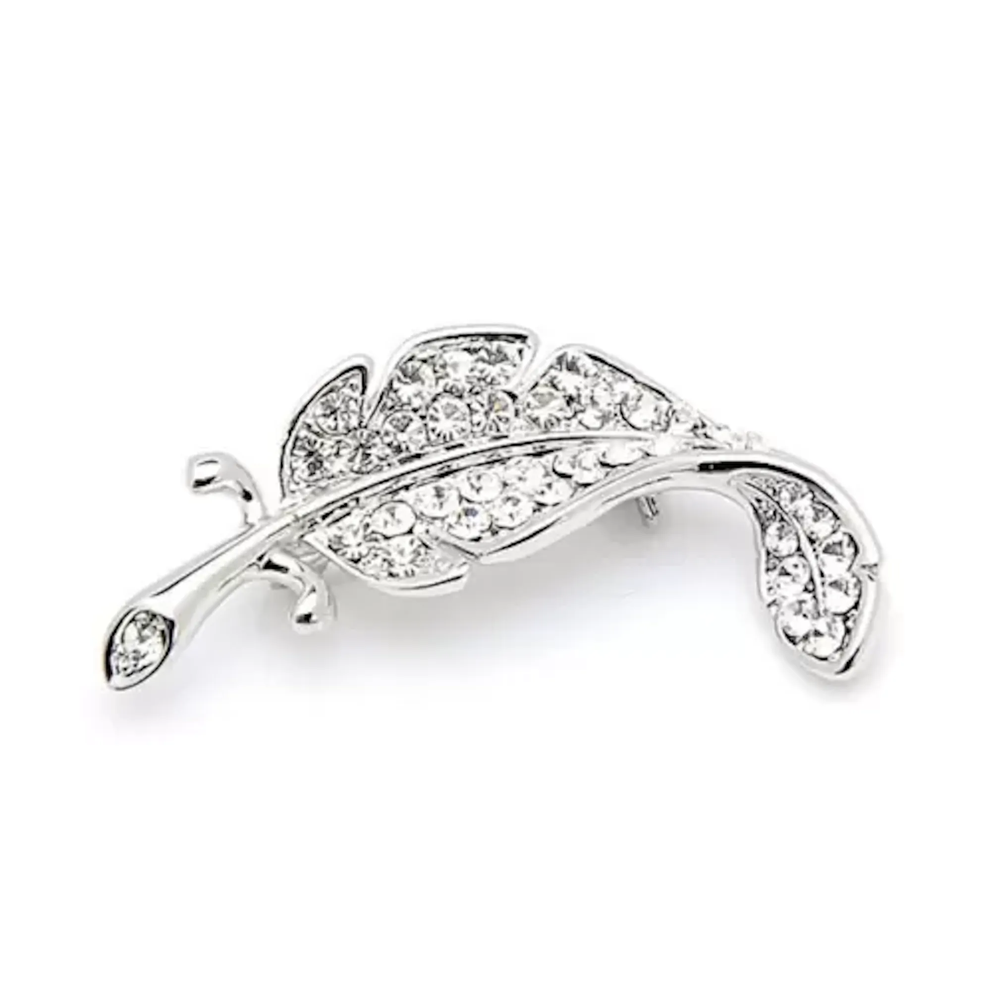 Crystal Studded Silver Leaf Brooch Pin