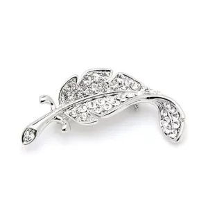 Crystal Studded Silver Leaf Brooch Pin