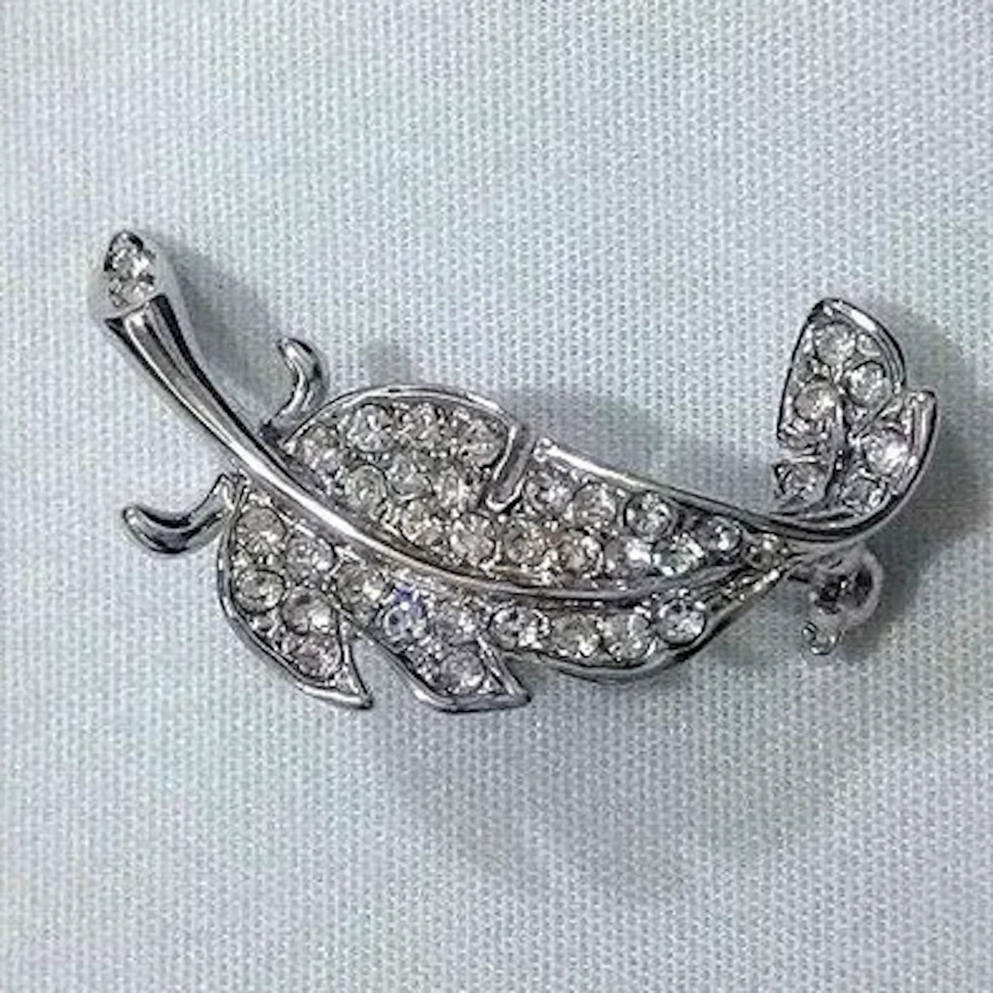 Crystal Studded Silver Leaf Brooch Pin