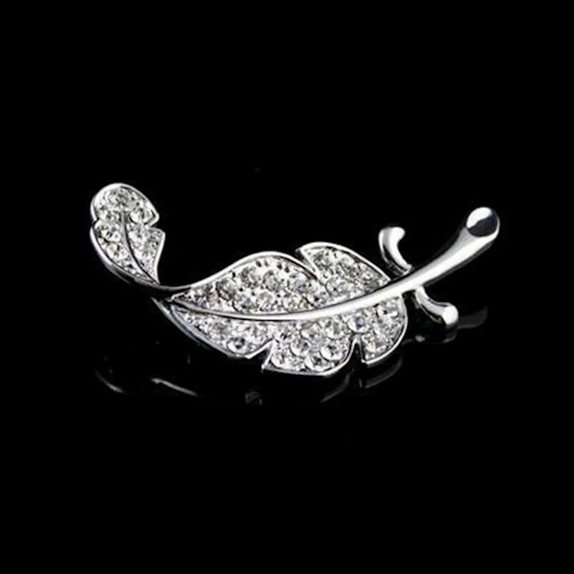 Crystal Studded Silver Leaf Brooch Pin