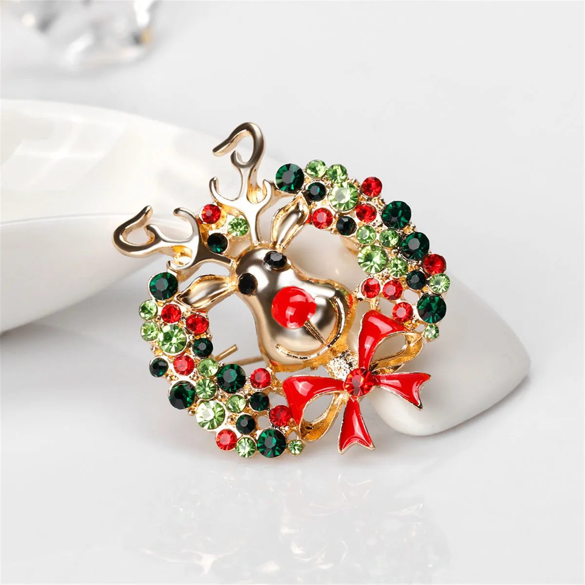 Cubic Zirconia & 18K Gold-Plated Botany Bow & Reindeer Brooch