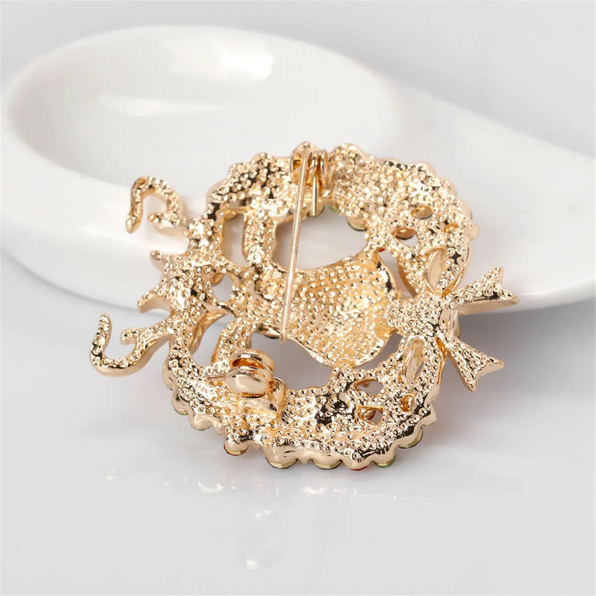 Cubic Zirconia & 18K Gold-Plated Botany Bow & Reindeer Brooch