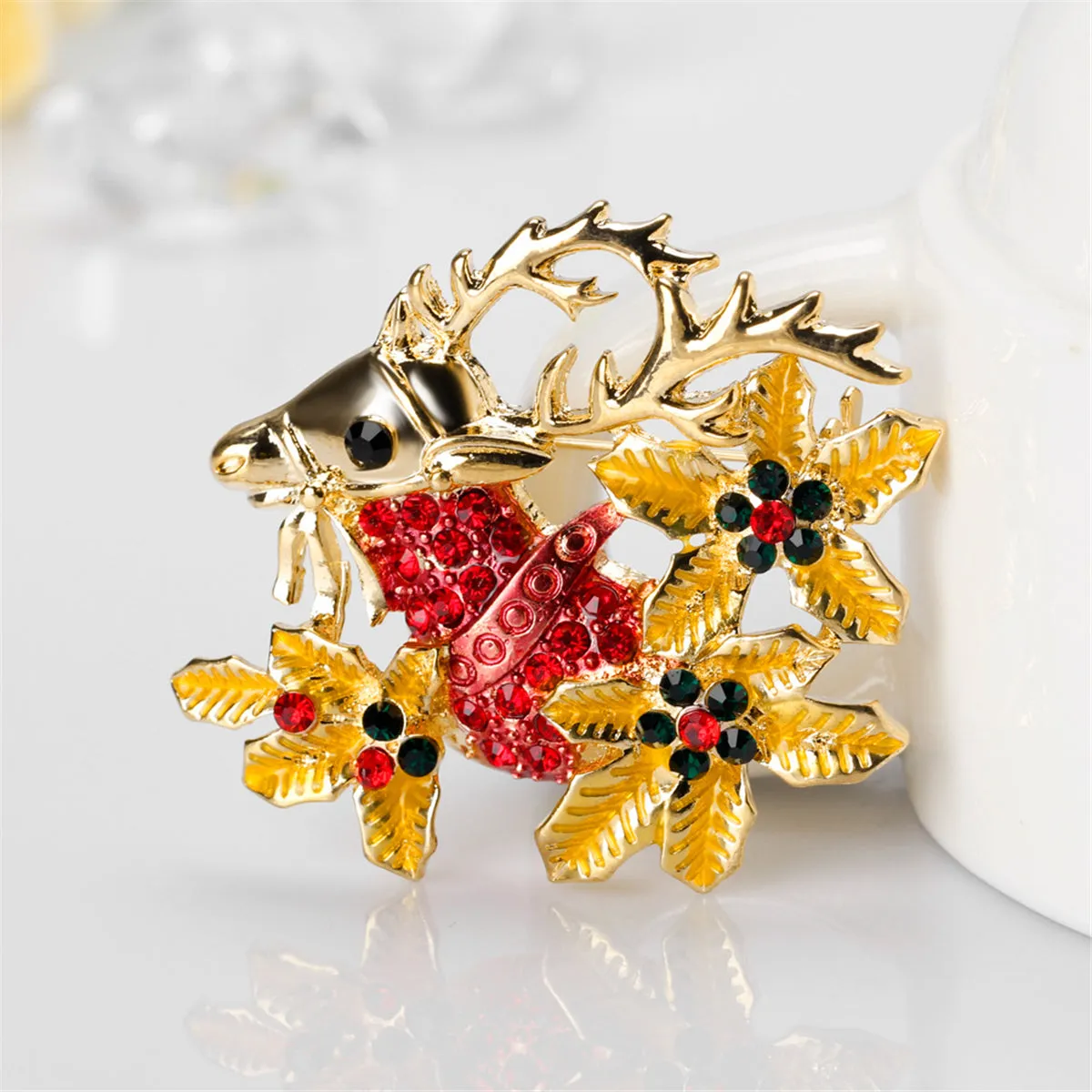 Cubic Zirconia & 18K Gold-Plated Botany Reindeer Brooch