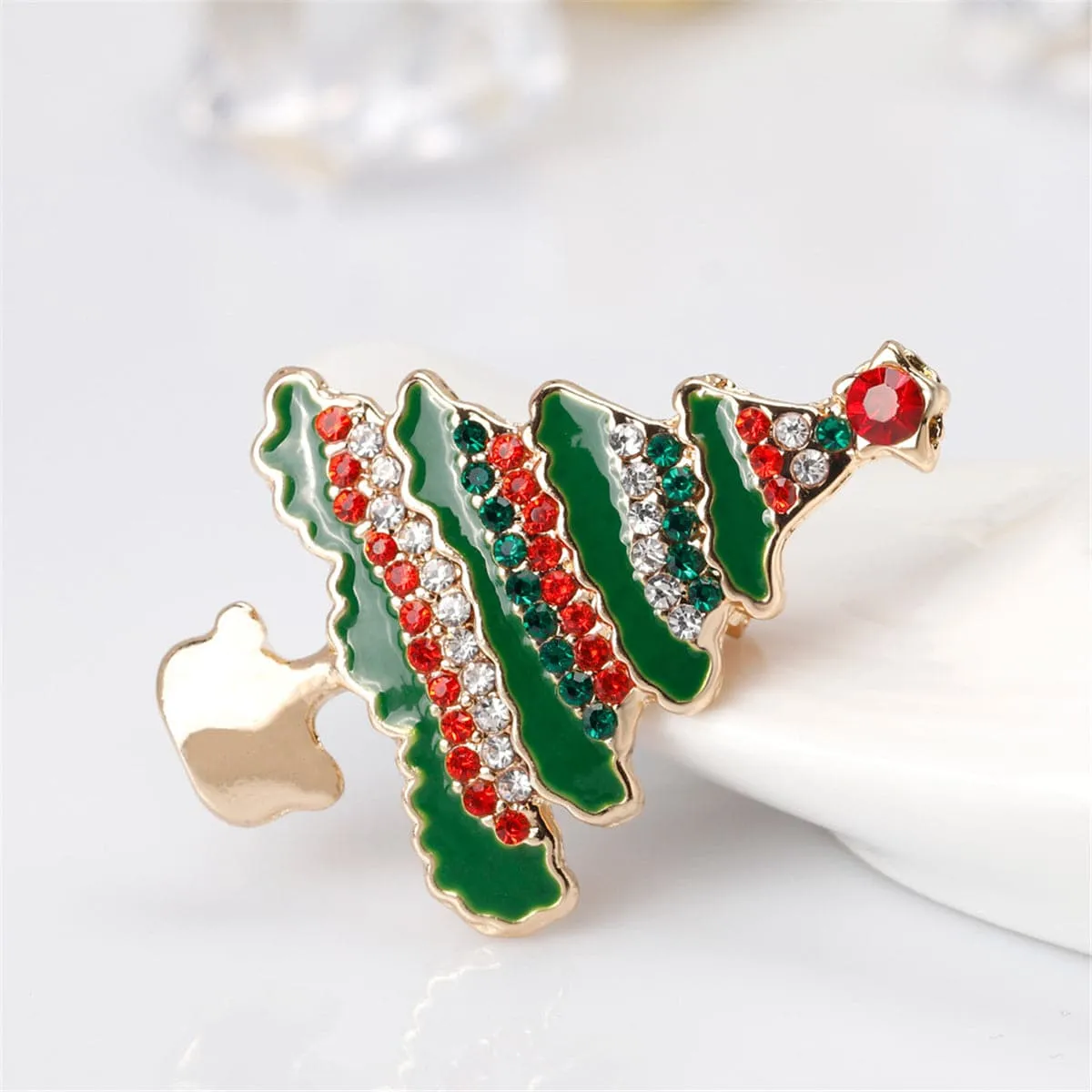 Cubic Zirconia & 18K Gold-Plated Christmas Tree Brooch