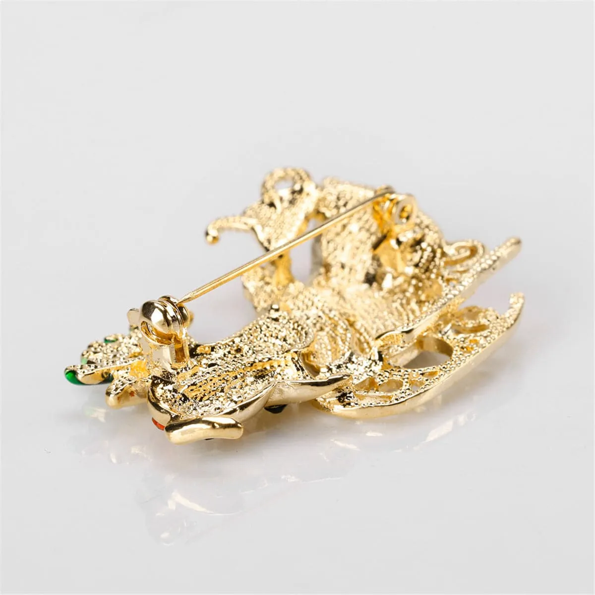 Cubic Zirconia & 18K Gold-Plated Deer & Sled Brooch