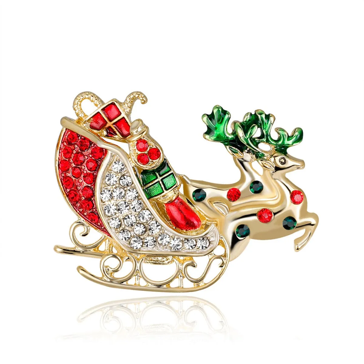 Cubic Zirconia & 18K Gold-Plated Deer & Sled Brooch