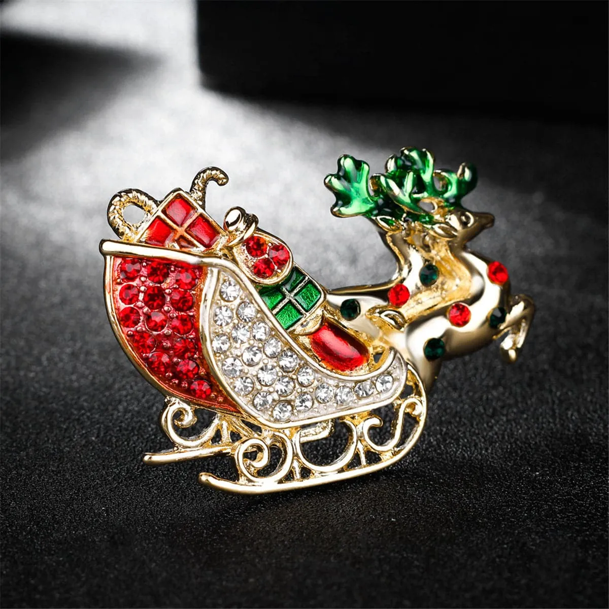Cubic Zirconia & 18K Gold-Plated Deer & Sled Brooch
