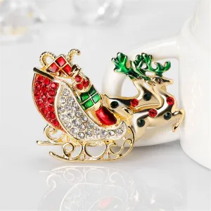 Cubic Zirconia & 18K Gold-Plated Deer & Sled Brooch