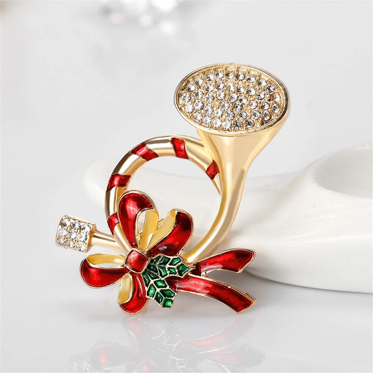 Cubic Zirconia & 18K Gold-Plated French Horn & Bow Brooch