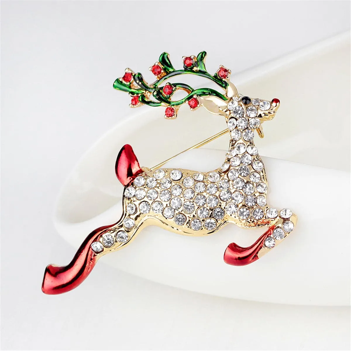 Cubic Zirconia & 18K Gold-Plated Jumping Deer Brooch