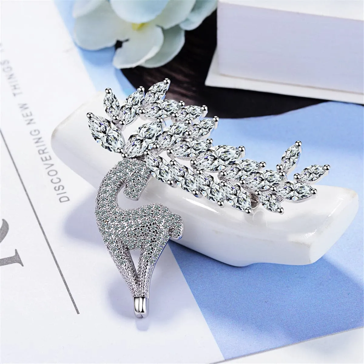Cubic Zirconia & Crystal Silver-Plated Deer Brooch