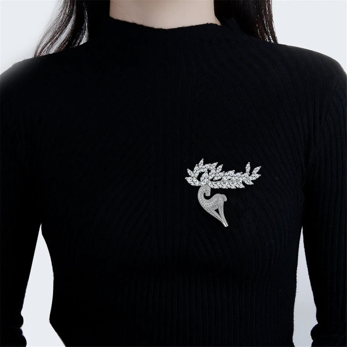 Cubic Zirconia & Crystal Silver-Plated Deer Brooch