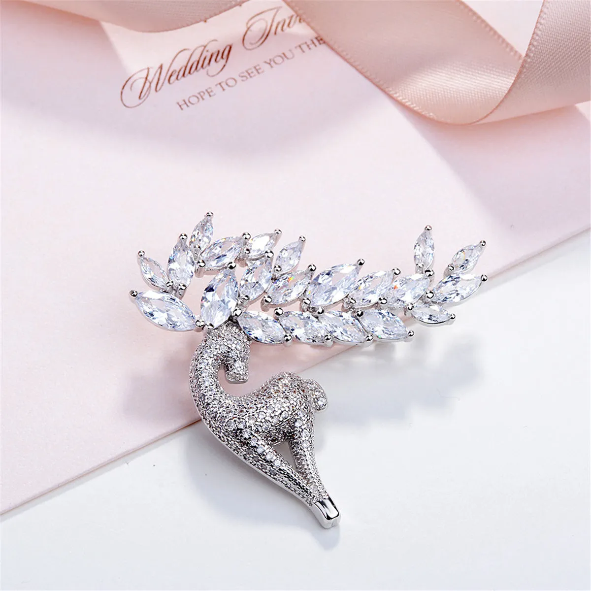 Cubic Zirconia & Crystal Silver-Plated Deer Brooch