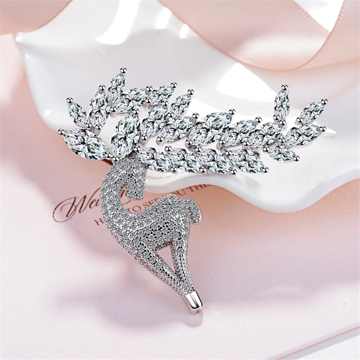 Cubic Zirconia & Crystal Silver-Plated Deer Brooch