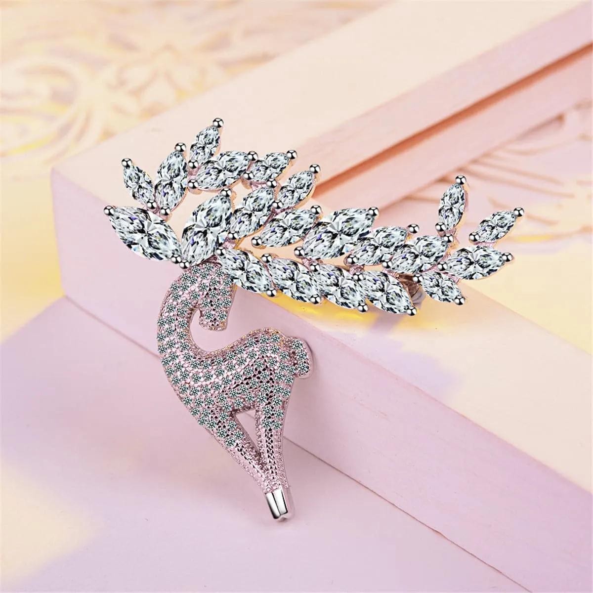 Cubic Zirconia & Crystal Silver-Plated Deer Brooch