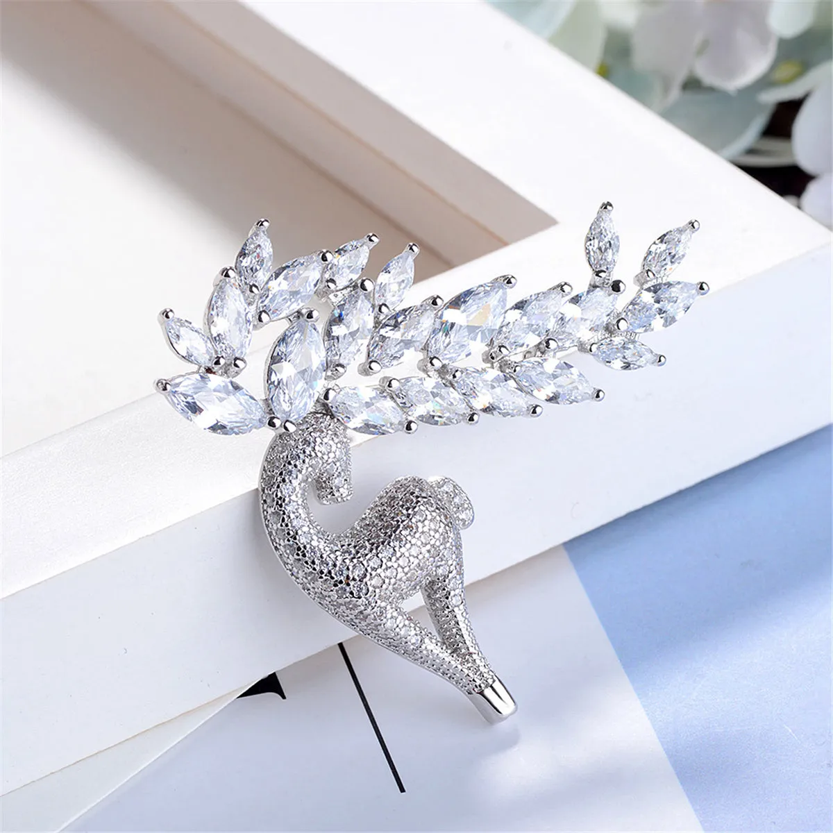 Cubic Zirconia & Crystal Silver-Plated Deer Brooch
