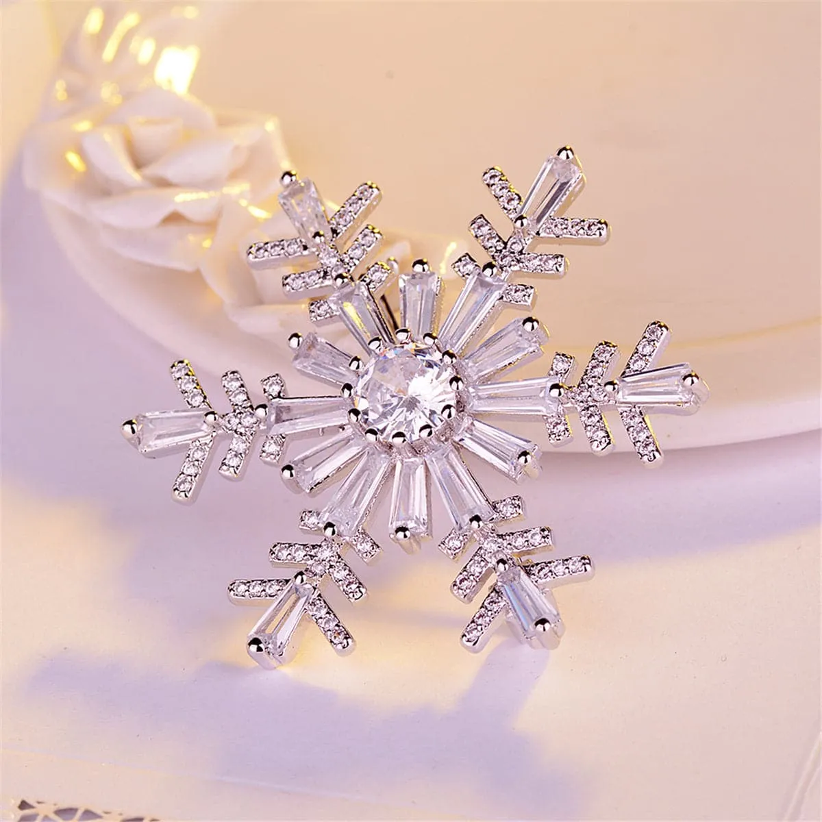 Cubic Zirconia & Crystal Silver-Plated Snowflake Brooch