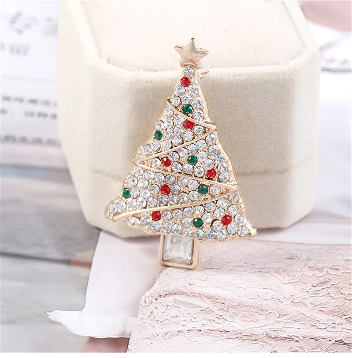 Cubic Zirconia & Crystal Trimmed Christmas Tree Brooch