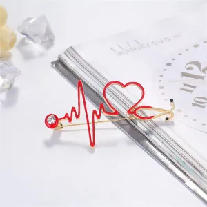 Cubic Zirconia & Enamel 18K Gold-Plated Stethoscope Heartbeat Brooch
