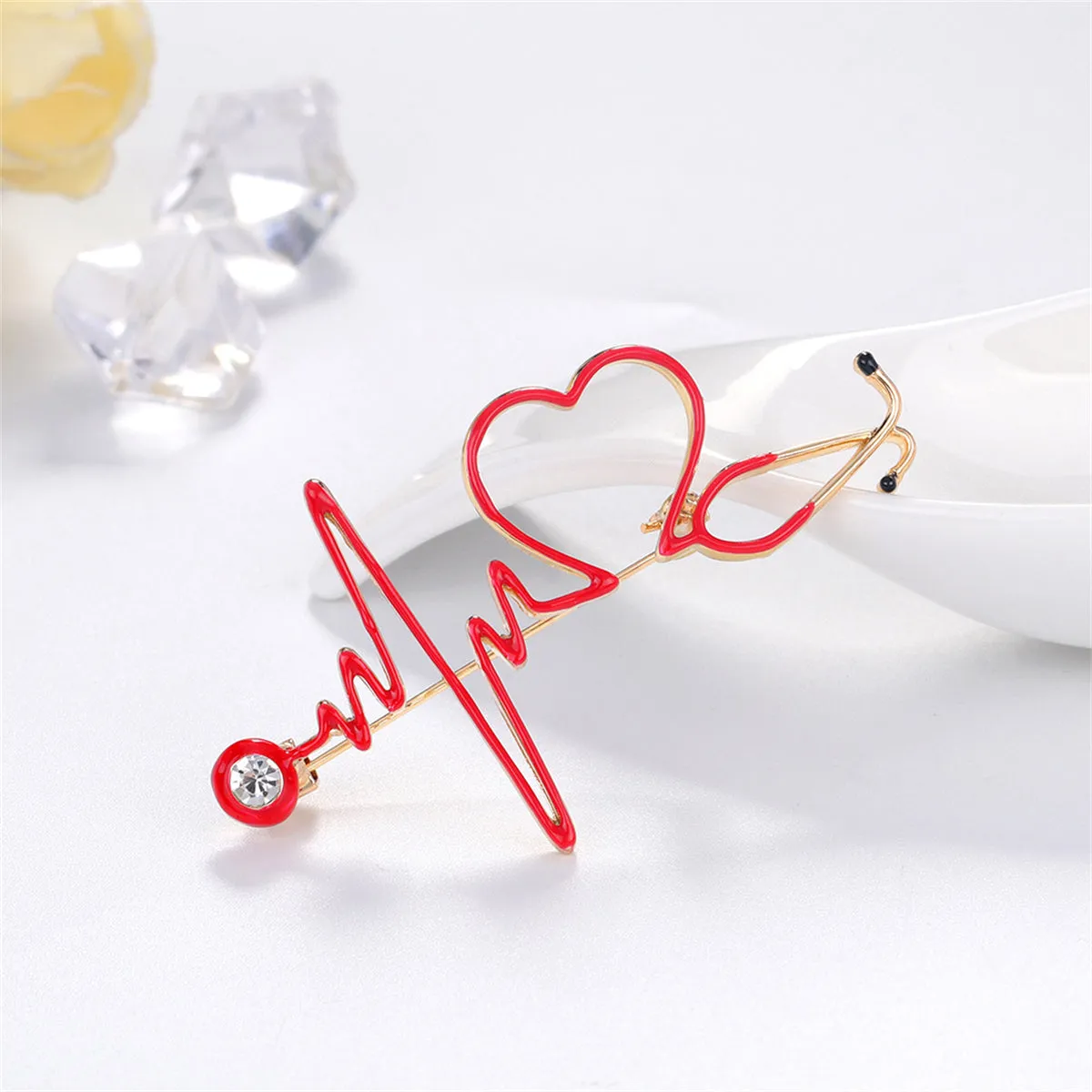 Cubic Zirconia & Enamel 18K Gold-Plated Stethoscope Heartbeat Brooch