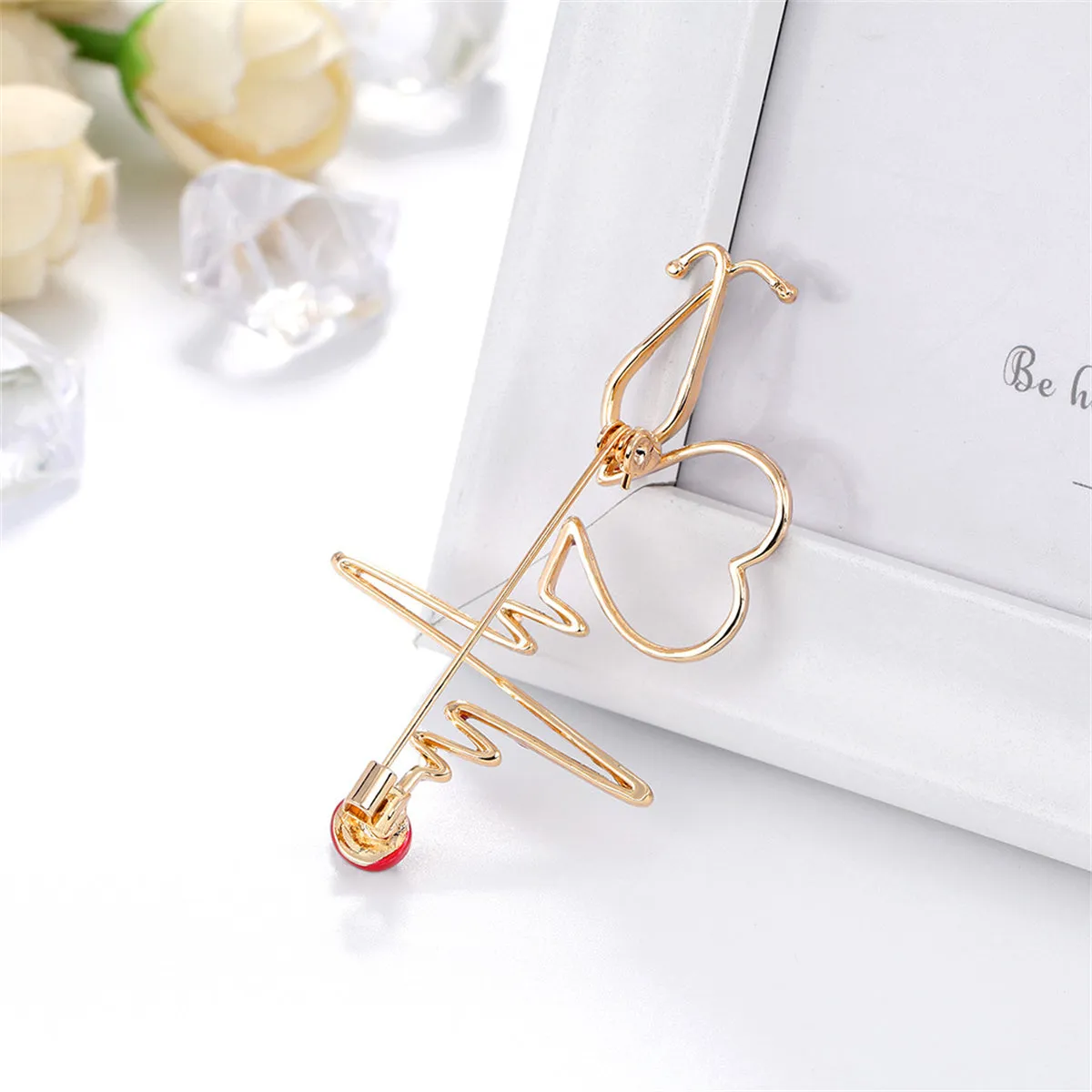 Cubic Zirconia & Enamel 18K Gold-Plated Stethoscope Heartbeat Brooch
