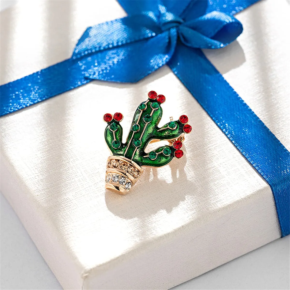 Cubic Zirconia & Gold-Plated Cactus Brooch
