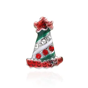 Cubic Zirconia & Green Enamel Holiday Hat Brooch