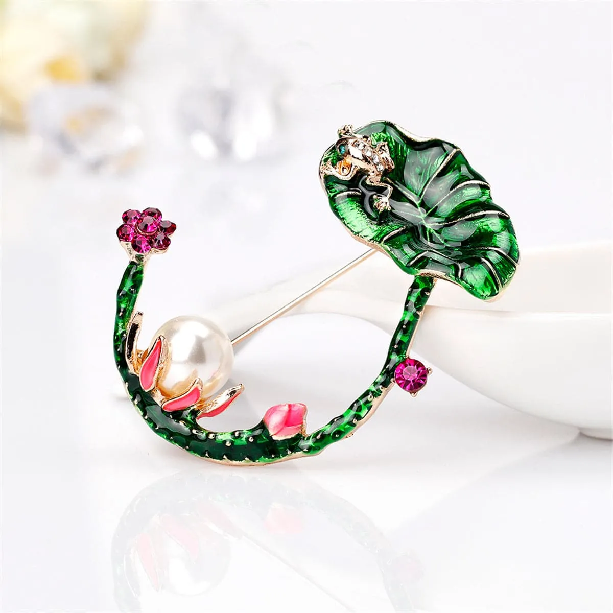 Cubic Zirconia & Pearl Enamel 18K Gold-Plated Lotus Brooch