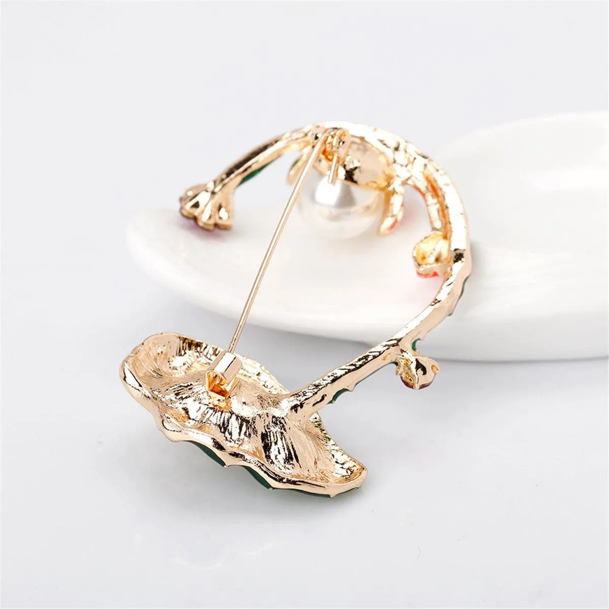 Cubic Zirconia & Pearl Enamel 18K Gold-Plated Lotus Brooch