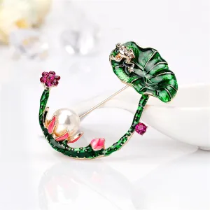 Cubic Zirconia & Pearl Enamel 18K Gold-Plated Lotus Brooch