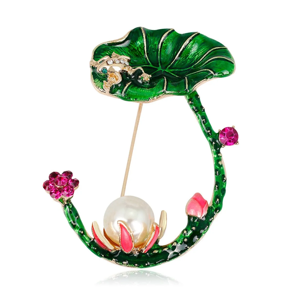 Cubic Zirconia & Pearl Enamel 18K Gold-Plated Lotus Brooch