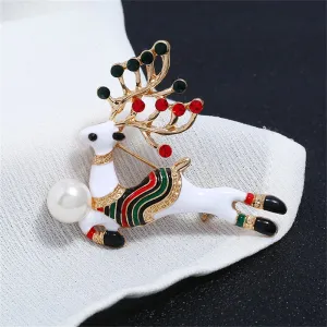 Cubic Zirconia & Pearl Enamel 18K Gold-Plated Reindeer Brooch