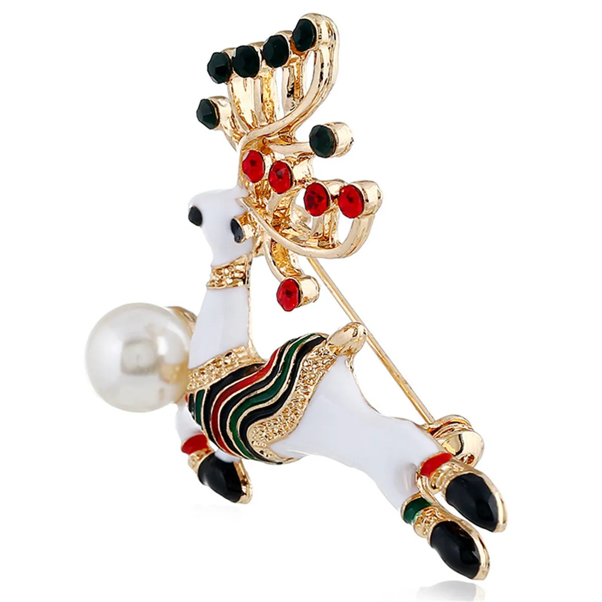 Cubic Zirconia & Pearl Enamel 18K Gold-Plated Reindeer Brooch
