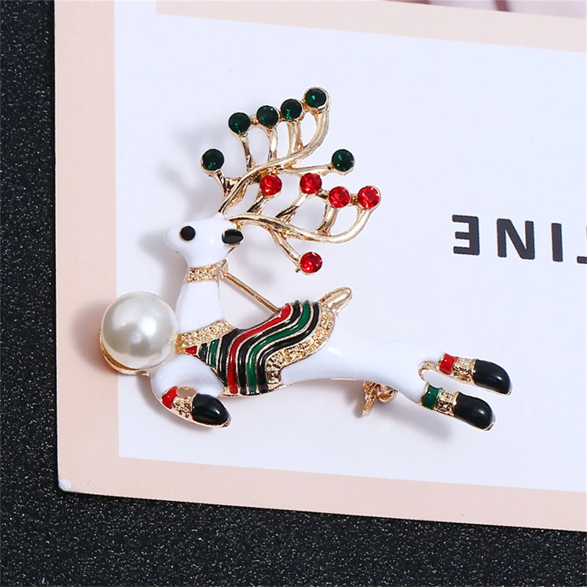 Cubic Zirconia & Pearl Enamel 18K Gold-Plated Reindeer Brooch