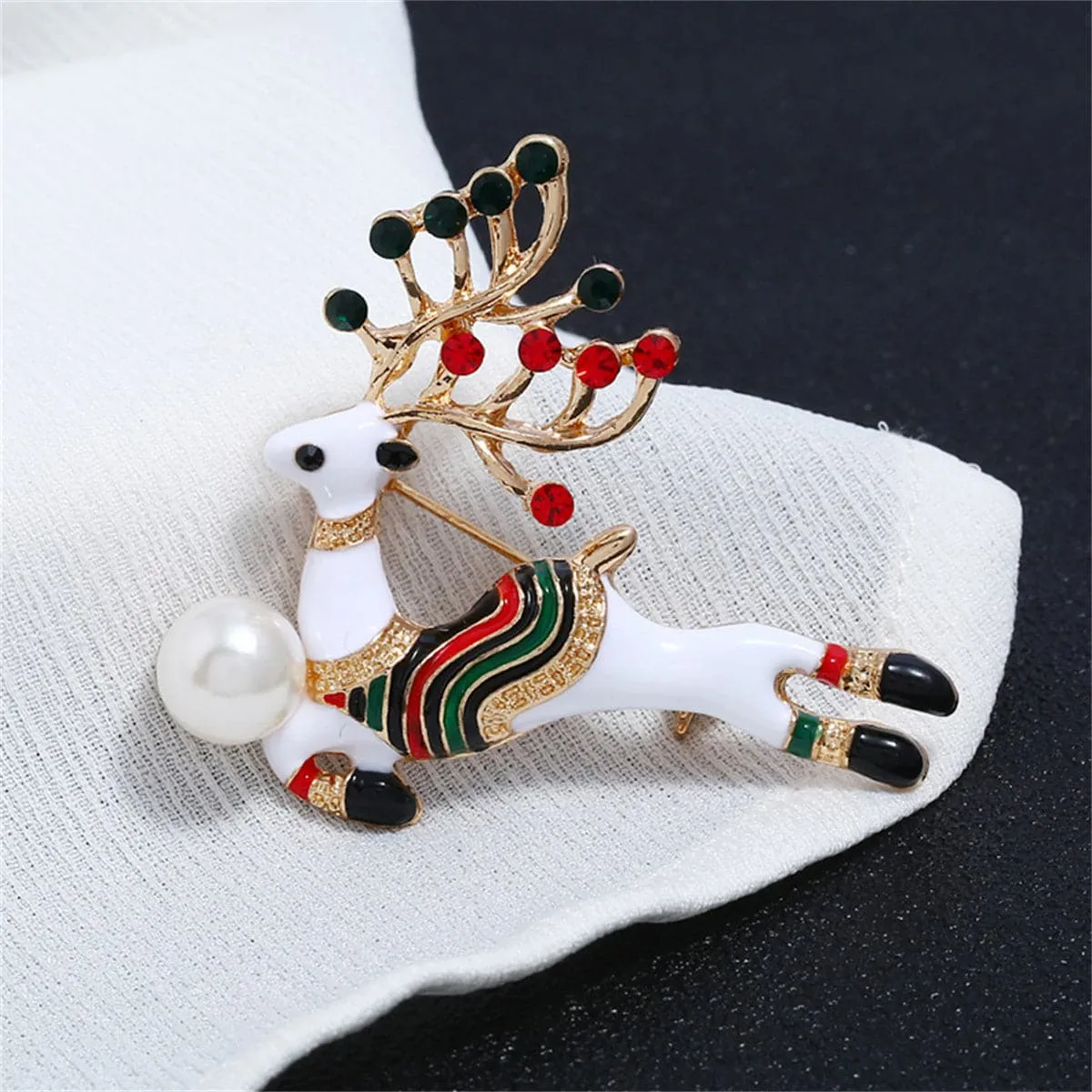 Cubic Zirconia & Pearl Enamel 18K Gold-Plated Reindeer Brooch