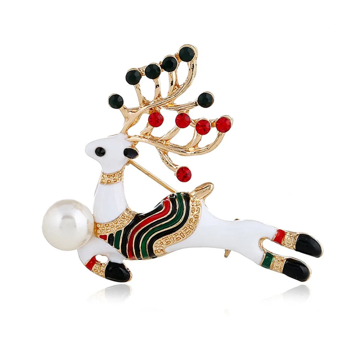 Cubic Zirconia & Pearl Enamel 18K Gold-Plated Reindeer Brooch