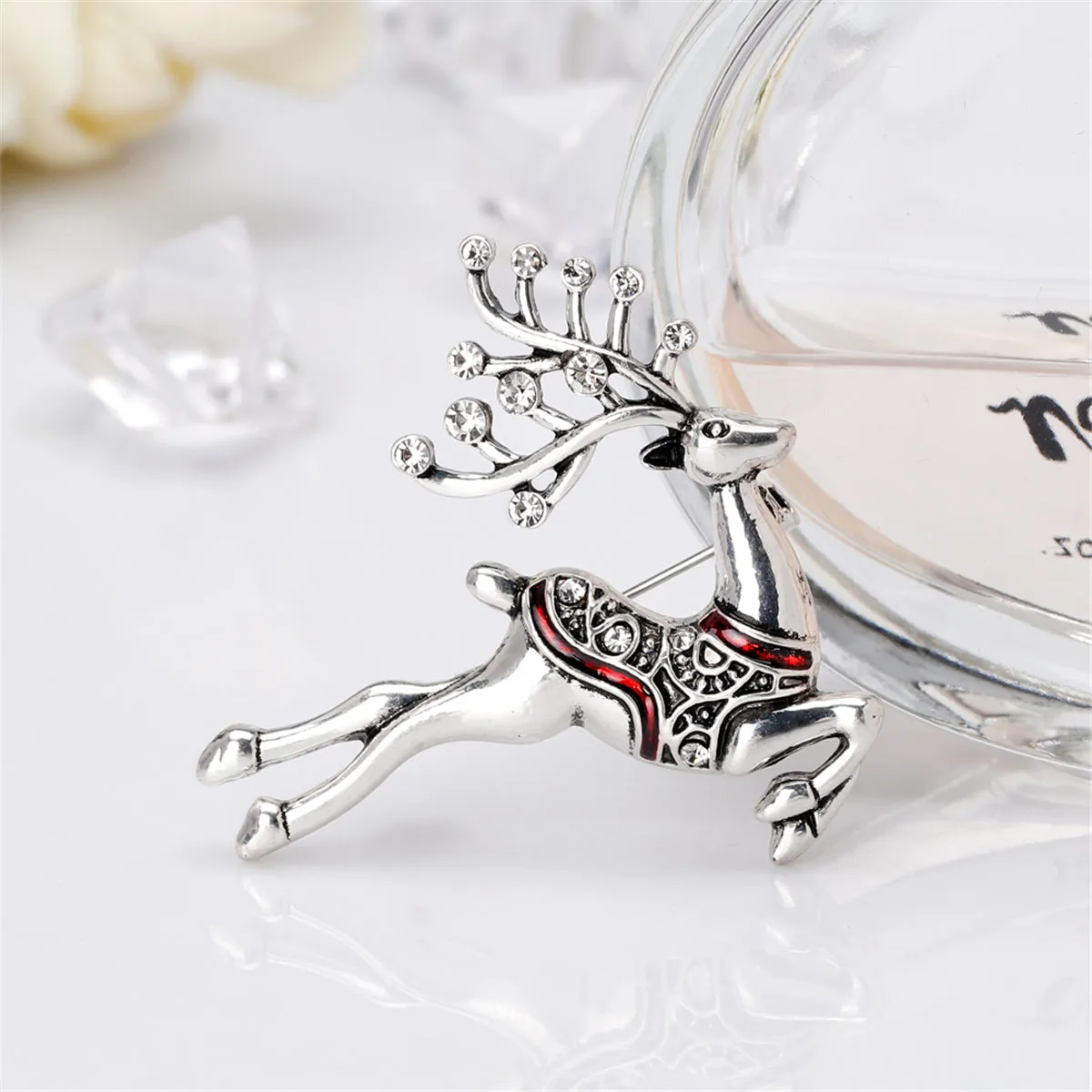 Cubic Zirconia & Silver-Plated Reindeer Brooch
