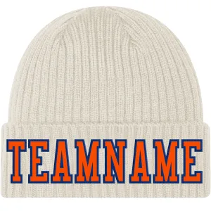 Custom Cream Orange-Royal Stitched Cuffed Knit Hat