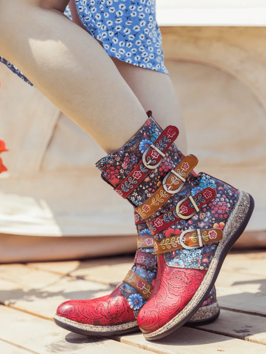 Daisy Printed Straps Leather Ankle Boot