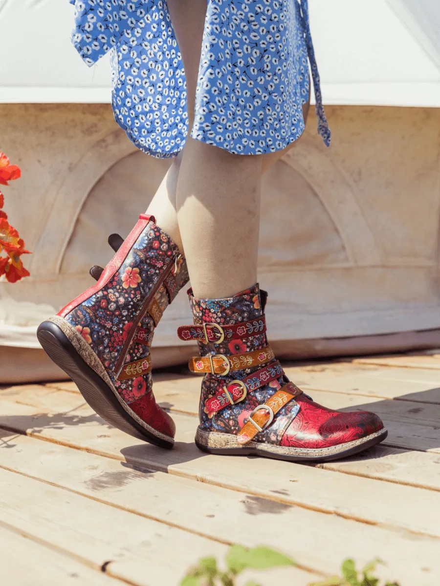 Daisy Printed Straps Leather Ankle Boot