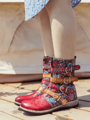 Daisy Printed Straps Leather Ankle Boot