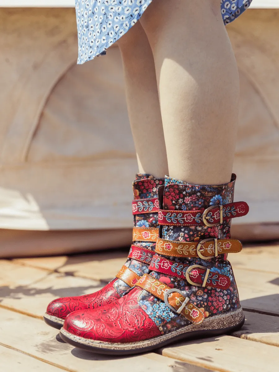 Daisy Printed Straps Leather Ankle Boot
