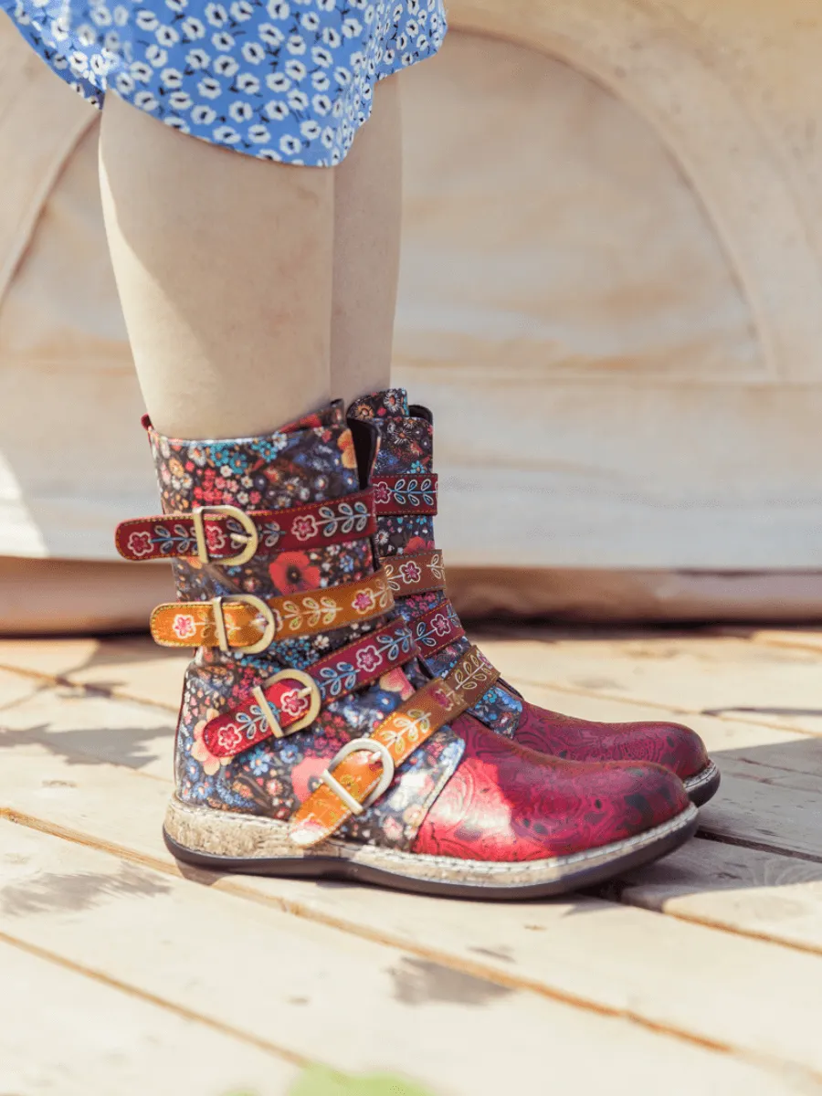Daisy Printed Straps Leather Ankle Boot
