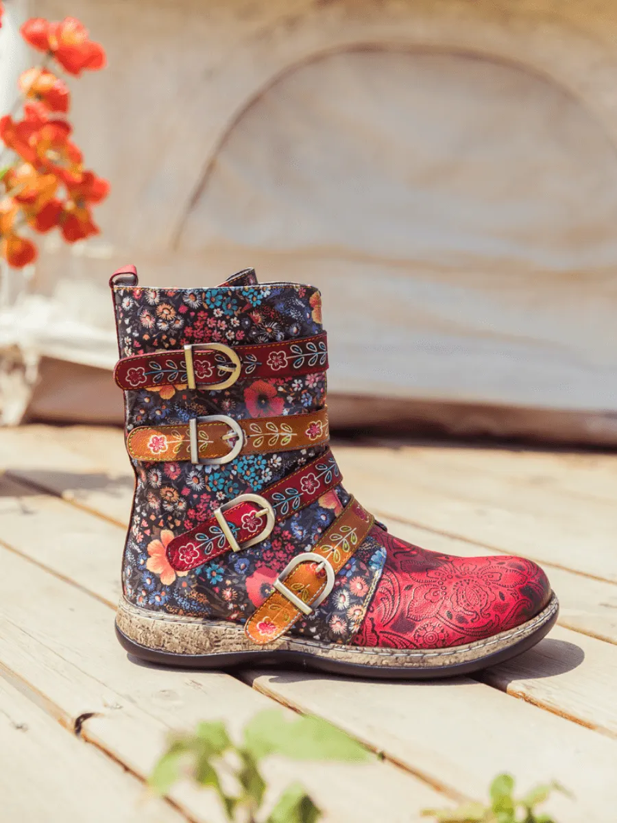 Daisy Printed Straps Leather Ankle Boot