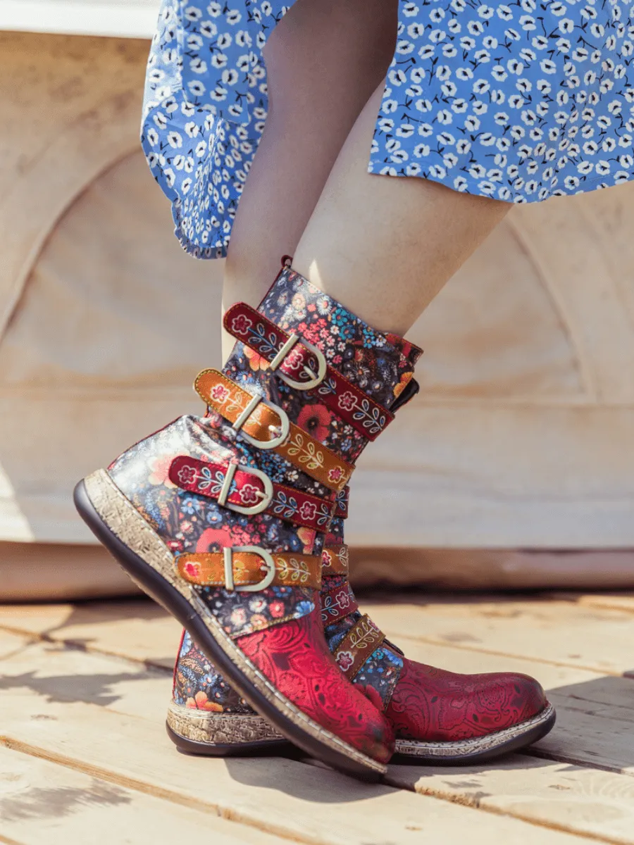 Daisy Printed Straps Leather Ankle Boot