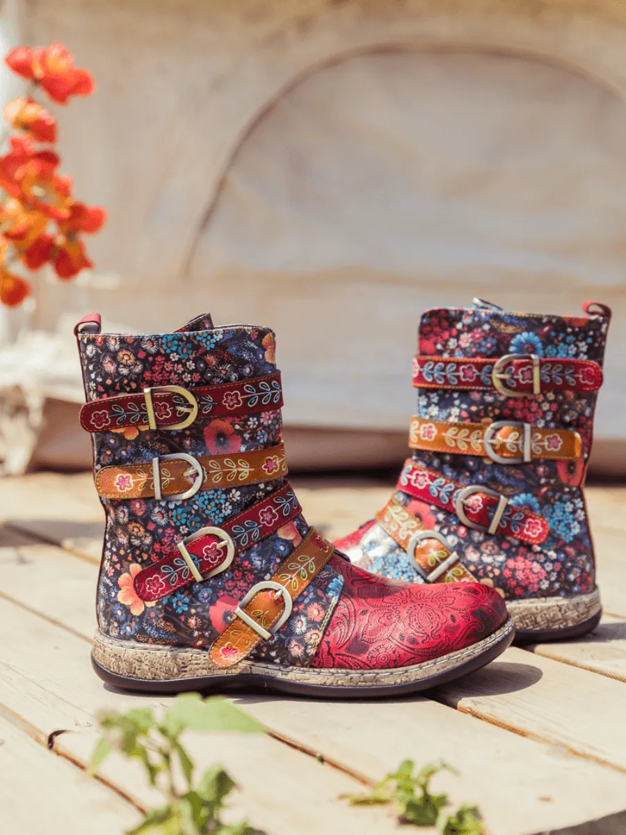 Daisy Printed Straps Leather Ankle Boot