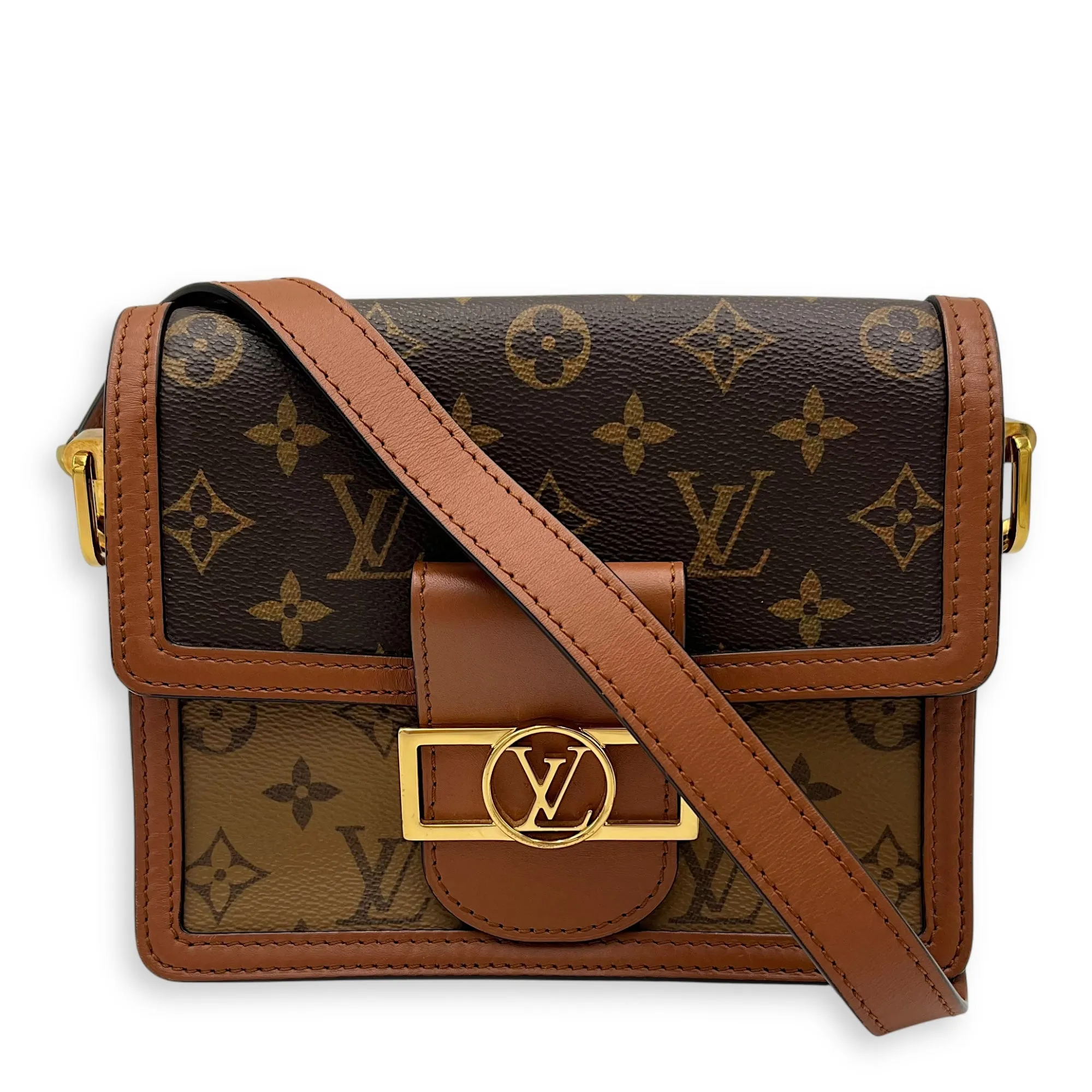 Dauphine Reverse Mini Crossbody bag in Monogram coated canvas, Gold Hardware