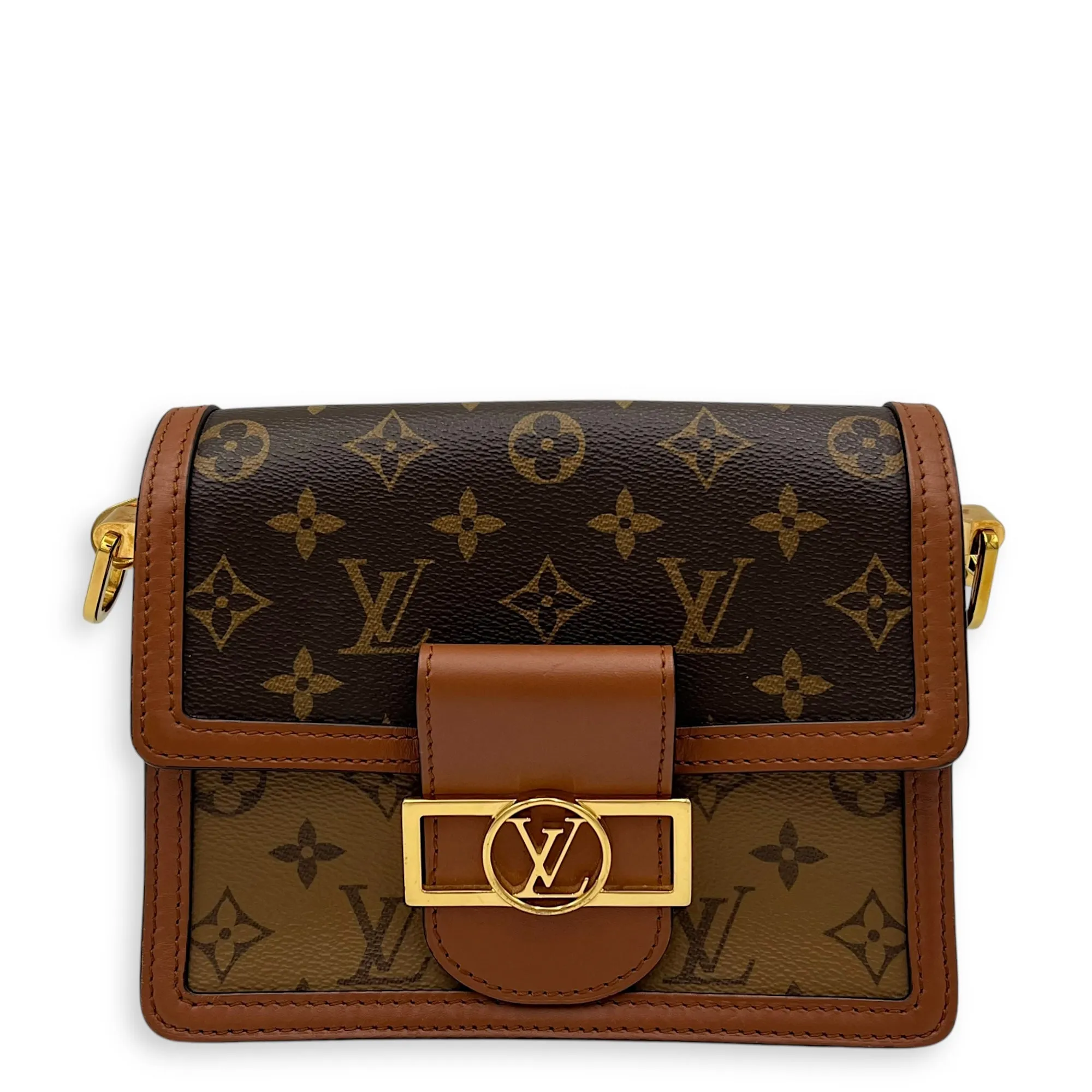 Dauphine Reverse Mini Crossbody bag in Monogram coated canvas, Gold Hardware