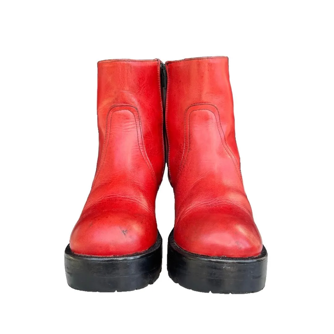 DESTROY Platform Vintage Y2K Zip Red Leather Ankle Boots